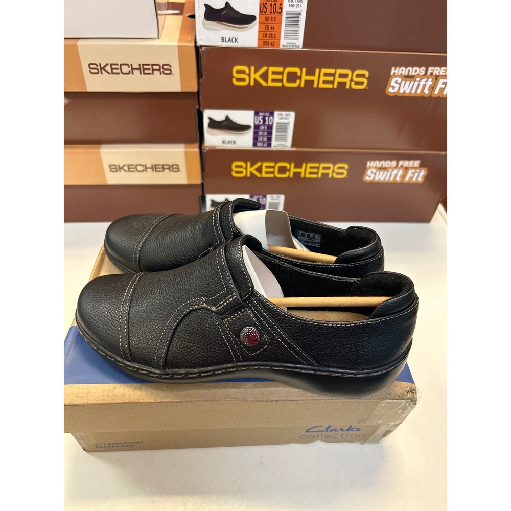 Clarks Collection Cora Poppy Black Leather Slip On Loafers Shoes Women 7.5M 0588